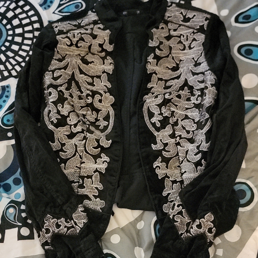 White House Black Market Black Velvet Jacket with Gold Embroidery